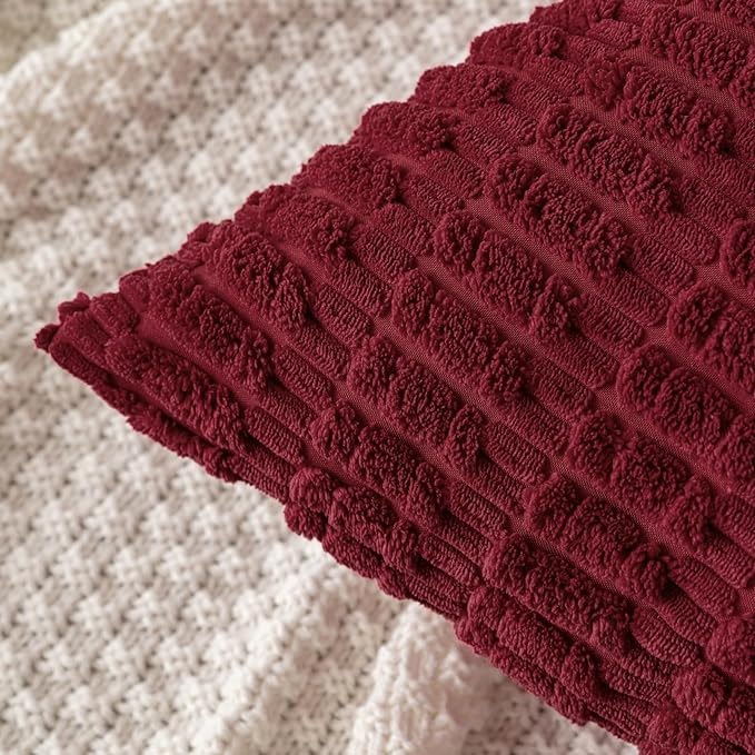 MIULEE Euro Sham Corduroy Decorative Throw Pillow Covers 22x22 Burgundy | Pack of 2 Soft Boho Striped Pillow Covers Modern Farmhouse Home Decor For Sofa Living Room Couch Bed