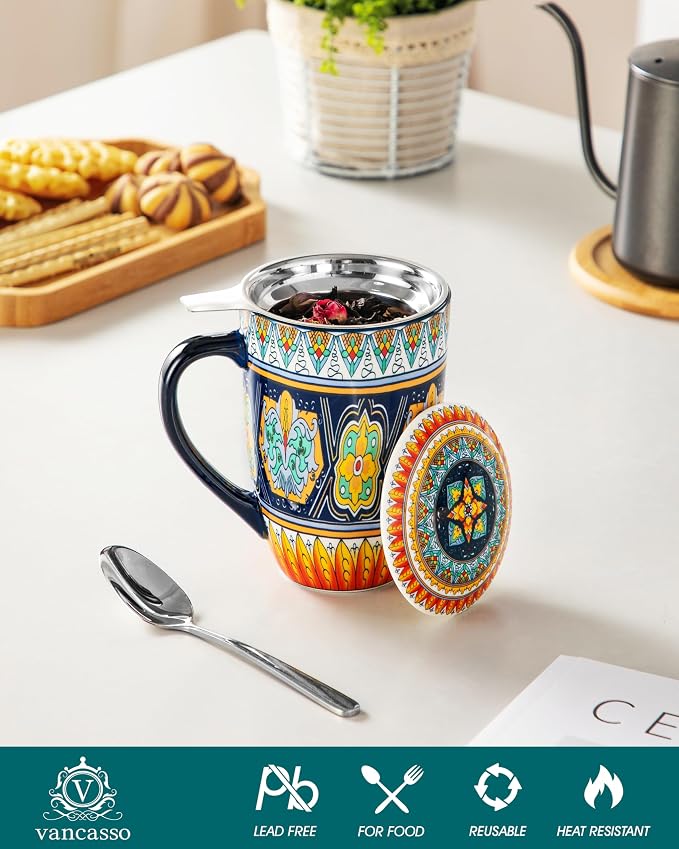 vancasso Ceramic Tea Cup with Infuser and Lid, 18 Ounce Tea Infuser Mug for Loose Leaf Tea, Microwave & Dishwasher Safe, Bohemian Mandala, Gift for Tea Lovers, Forest Daisy Drift