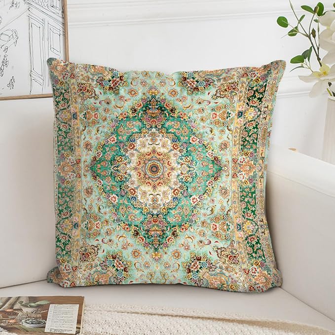Boho Floral Throw Pillow Covers 20x20 inch Set of 2,Boho Rug Geometric Floral Pattern Decor Double Sided Pattern Cushion Cover Soft Pillow Case Living Sofa Room Bed Square Pillow Cover