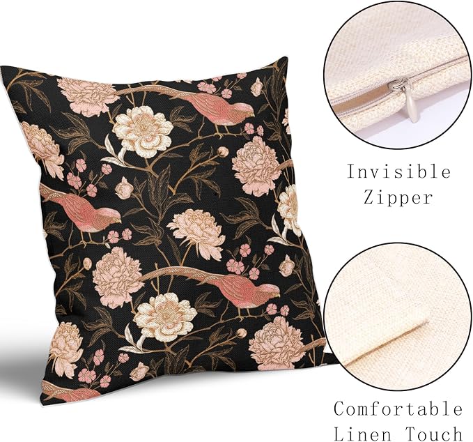 Pink White Roses Floral Pillow Covers 18X18 Inch Set of 2 Retro Flowers Birds Gold Leaf Decorative Pillow Cases Art Vintage Black Cotton Linen Cushion Case Home Decor For Sofa Couch Porch Outdoor