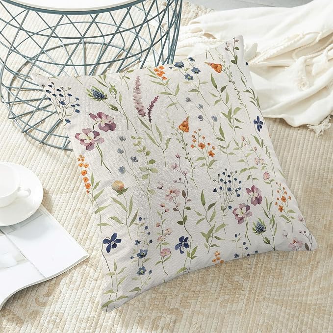 AEIOAE Spring Pillow Covers 18x18 Inch Set of 2, Sage Green Colorful Wild Flower Throw Pillows Case,Seasonal Floral Plant Outdoor Decorative Farmhouse Decor Cushion Covers for Sofa Bed Couch