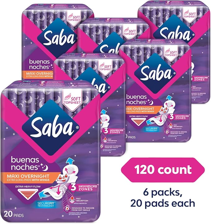 Saba Buenas Noches Overnight Maxi Pads with Wings, Built for Absorption Distribution and Protection, 6-Pack of 20 Pads (120 Count)