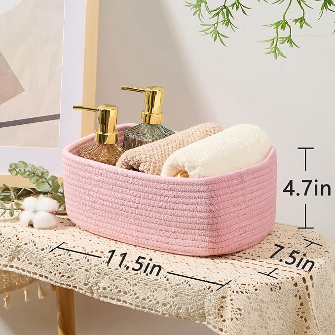 MiniArk Small Storage Baskets for Organizing | Closet Organizer Bins | Shelf Toy Basket | Woven Rope Baskets | Cube Decorative Box | Shallow Basket | 11.5x7.5x4.7” | 4 Packs Light Pink