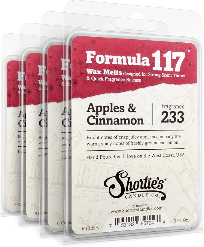 Shortie's Candle Company Apples & Cinnamon Premium Wax Melts 4 Pack - 12 Oz., Strong & Long Lasting, Non-Toxic - Made with Essential & Natural Oils - Formula 117