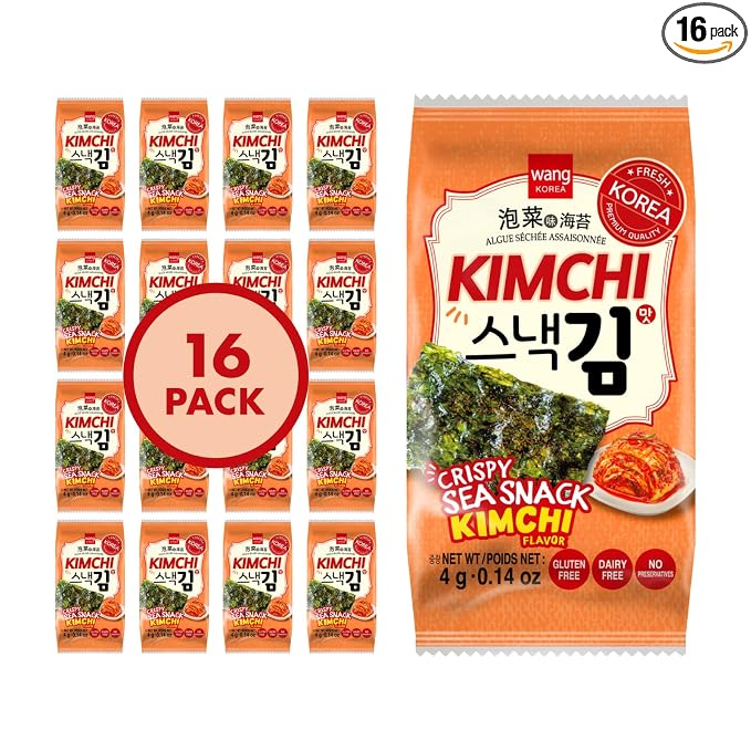 Wang Korean Seaweed Snacks Kimchi Flavor, Crispy Roasted Seaweed Sheets | Healthy Sea Weed Snack, Keto, Vegan, Gluten-Free, Pack of 16