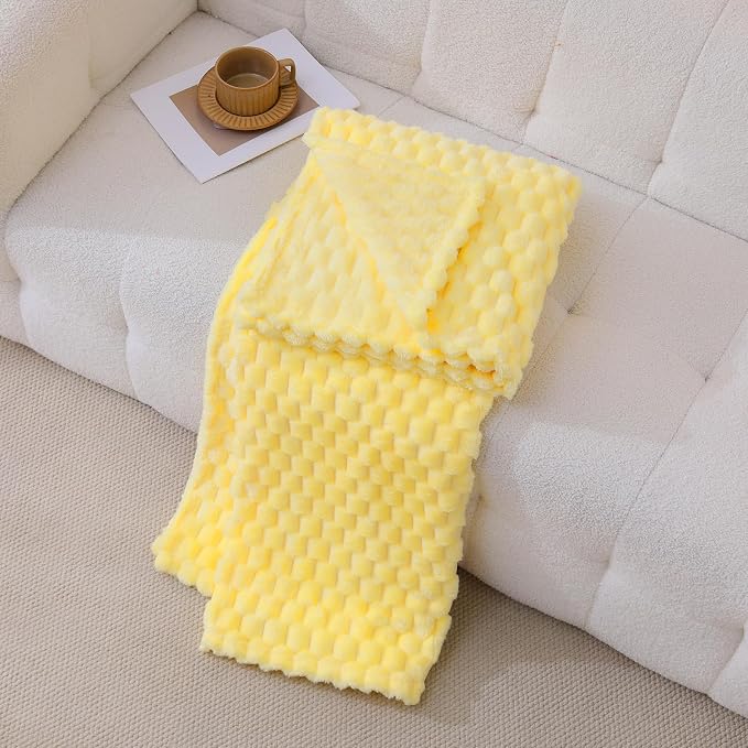 Bright Yellow Fleece Throw Blanket 50”×60” for Couch Sofa Bed | Super Soft Cozy Plush Microfiber Flannel Blanket with 3D Jacquard Lightweight for Mom Woman