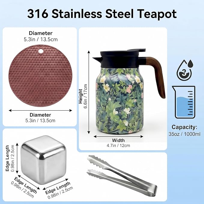 Insulated Stainless Steel Teapot, 35 Oz Vintage Floral Design with Removable Tea Infuser, 12Hr Hot & Cold Retention for Home Kitchen(Retro Floral Green)