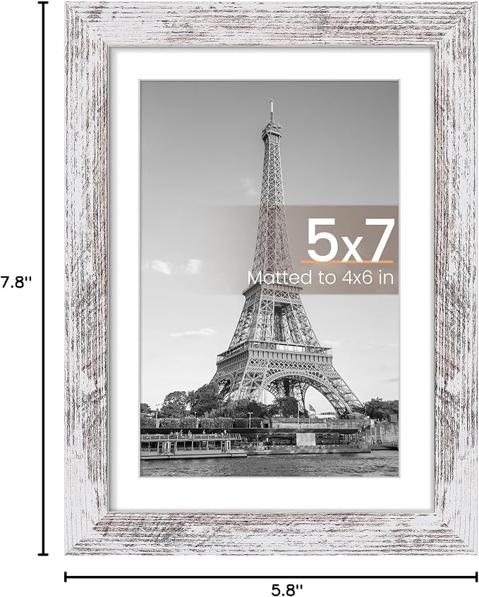 upsimples 5x7 Picture Frame, Display Pictures 4x6 with Mat or 5 x 7 Without, Wall Hanging Photo Frames, Rustic White, 1 Pack