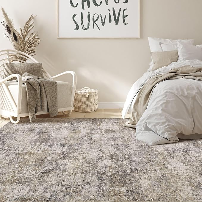 Nakagishi Boho 7x9 Area Rug Living Room Rugs Machine Washable Brown Grey | Soft, Pet & Kid Friendly, Carpet for Living Room/Bedroom/Office/Kitchen/Nursery, Daily Home Decor Stain Resistant Moroccan