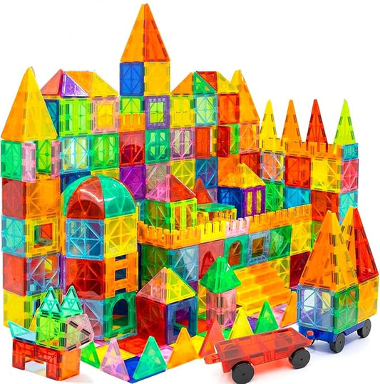EchoPlan Magnetic Tiles,Deluxe 130 PCS Magnetic Blocks with 2 Cars,Magnet Tiles Building Blocks Set,STEM Preschool Sensory Educational Toys Gifts for Toddlers Kids Boys 3 4 5 6 7 8 9+ Year Old