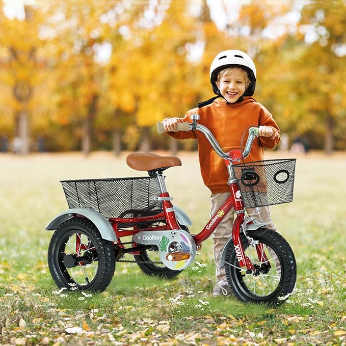 Kids Tricycle with Safety Features, Wide Anti-Skid Tires, Storage Basket, Soft Cushion Seat, Red