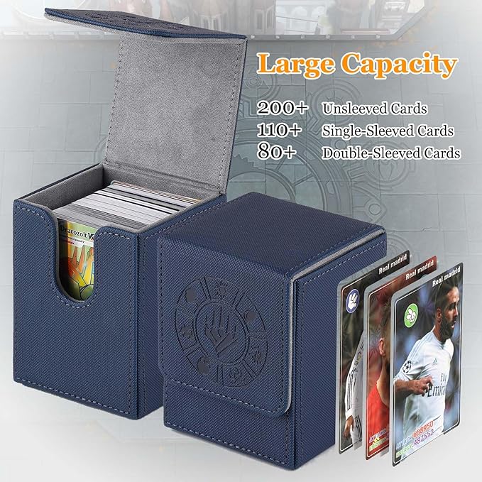 Arkeiliy Card Deck Box, 110+ Storage MTG Deck Box with 50 Pcs Card Sleeve, Collectible Trading Card Cases for Magic Commander and More (Blue)