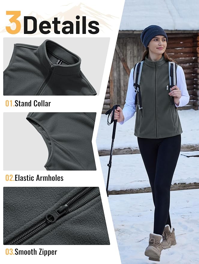 TACVASEN Women's Fleece Vest Lightweight Sleeveless Zip Jacket Outerwear | Soft Polar,Zipper Pockets,Stand Collar,Fall Winter Warm,Outdoor,Athletic,Running,Hiking,Travelling,Golf,Work