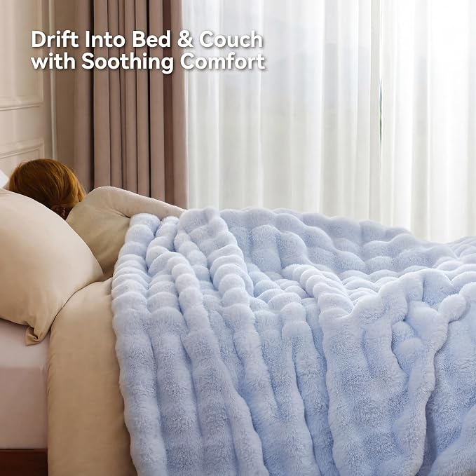 Faux Rabbit Fur Throw for Couch - Light Blue Bubble Blanket 60"x80" | Fluffy Plush Fuzzy Throw for Sofa & Bed, Super Soft Cozy Comfrt Blanket, Luxury Aesthetic Light Blue Decor Gift for Women