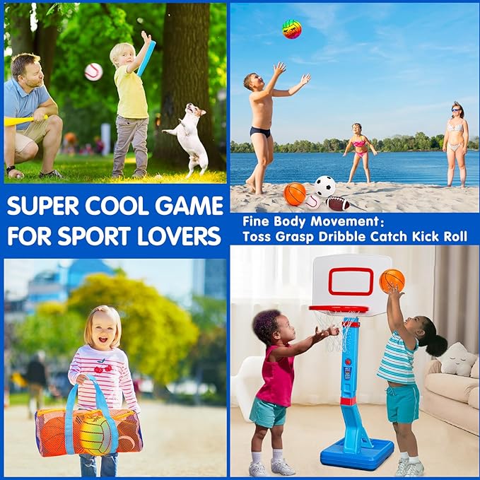 5 Pack Sports Balls Set for Kids with Bag Balls for Toddlers 1-3 Football Soccer Basketball Baseball Volleyball Outdoor Toys Sport Bouncy Playground Kickball Hand Pump Outside Toddler 1-3 2-4 3-5 Gift