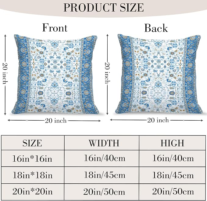 Boho Floral Throw Pillow Covers 20x20 inch Set of 2,Blue Boho Rug Geometric Floral Pattern Decor Double Sided Pattern Cushion Cover Soft Pillow Case Living Sofa Room Bed Square Pillow Cover