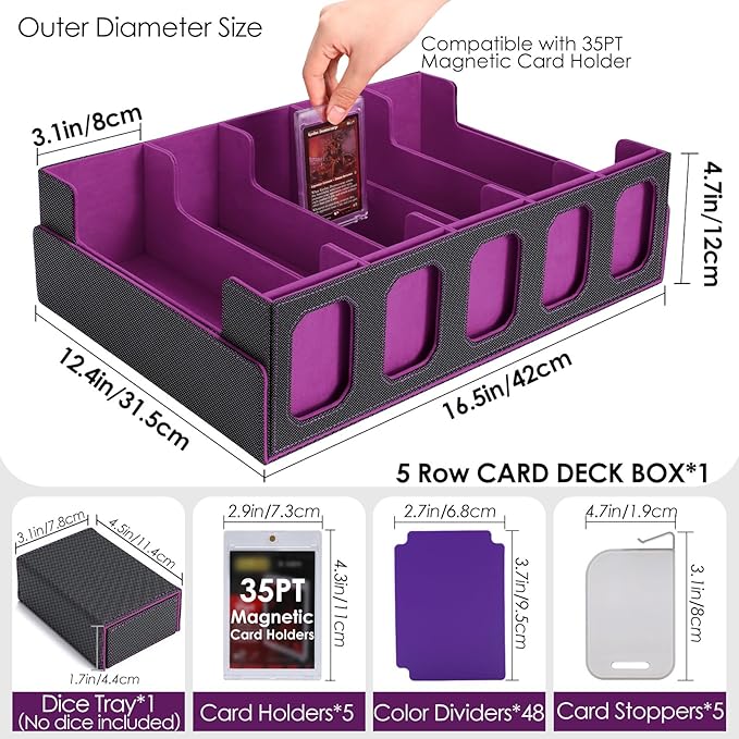 Trading Card Storage Box with Commander Display, 5-Row Deck Case with Removable Lid, 4000+ MTG Deck Box with 48 Colorful Divider, 5 Magnetic Card Holders, 5 Stoppers, Dice Tray(Black Purple)