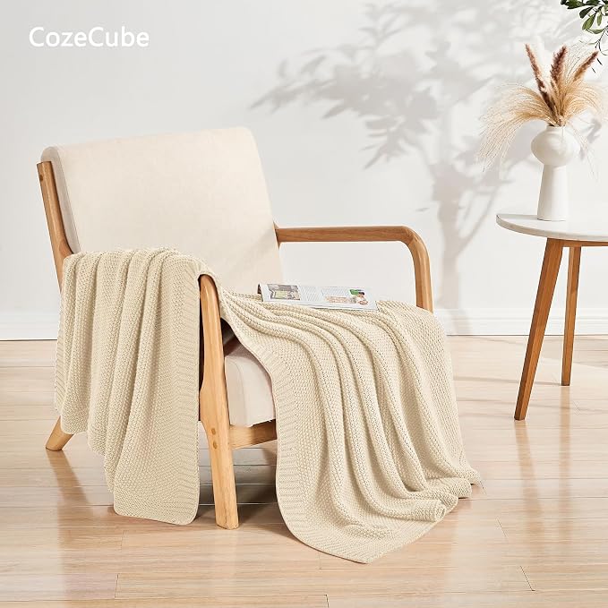 CozeCube Light Beige Seed Stitch Throw Blanket 60"x80", Farmhouse Decor | Blanket for Couch, Soft Cozy Cable Knit Throw for Bed Sofa Living Room, Lightweight Warm Decorative Christmas Blanket