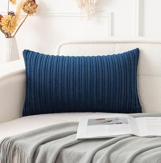 UGASA 14x24 Inch Pillow Cover Pack of 1 Soft Boho Stripe Corduroy Long Rectangle Lumbar Cushion Case Farmhouse Decorative Throw Pilowcase for Bed, Couch, Sofa, Bedroom, Living Room, Navy Blue