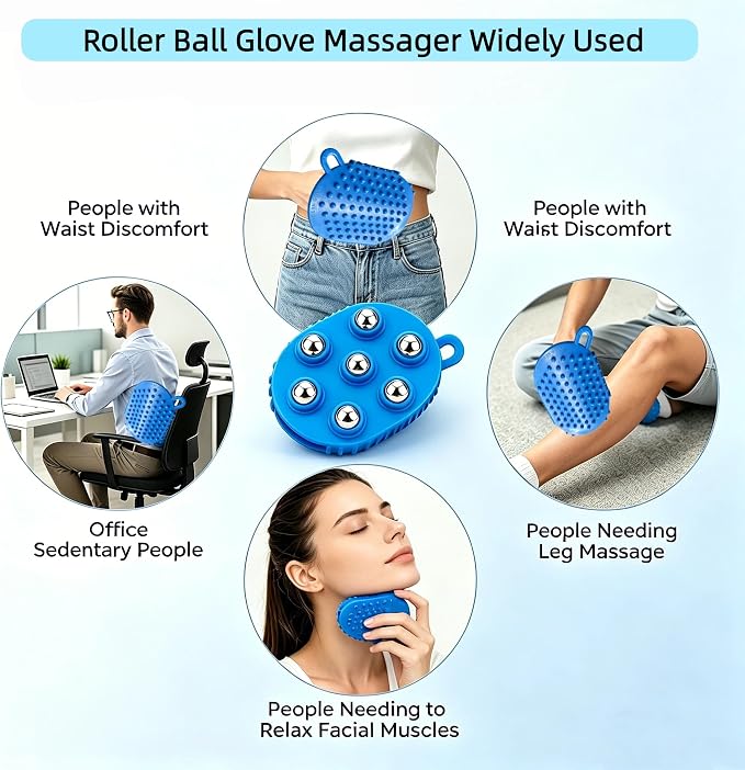 Roller Ball Glove Massager, 2Pcs Lymphatic Massage Tool Gua Sha Fascia Muscle Release for Face, Neck, Back, Abdomen, Legs & Full Body, Medium