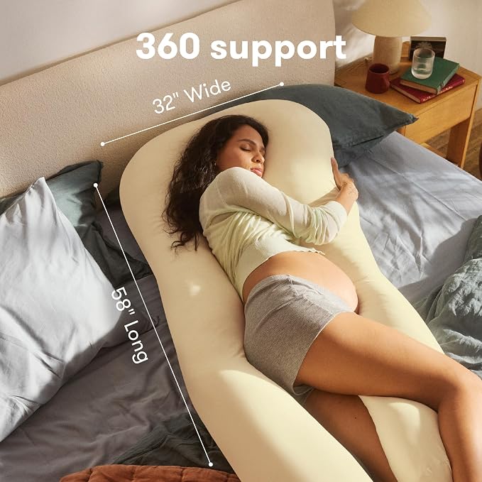Frida Mom Full Body Support Pregnancy Pillow, Cooling Pregnancy Pillow, Wraps Around for All Over Support, Extended Length to Support from Head to Toe, Easy to Clean, Compact Storage Bag, Ivory