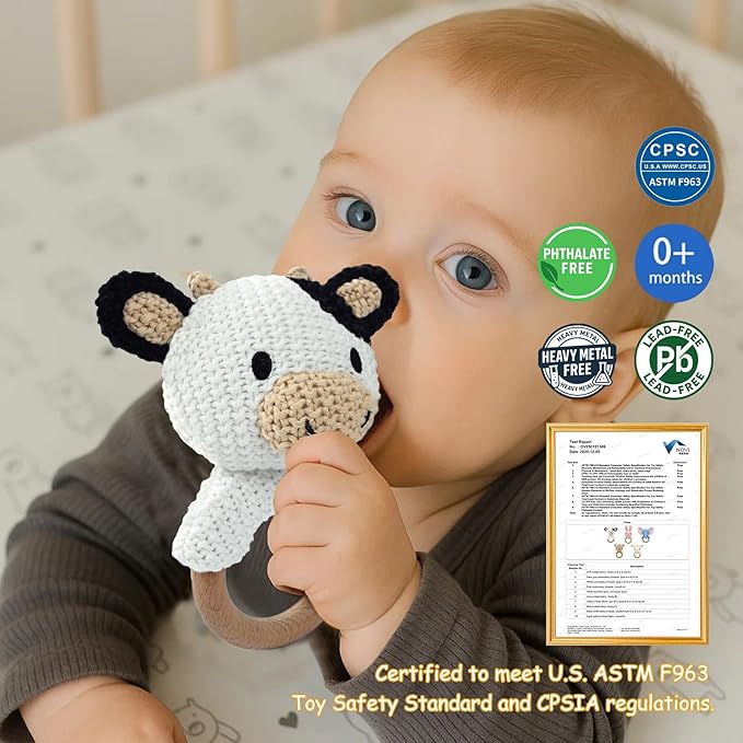 Cow Baby Rattle Sensory Toy Knitted Plush Stuffed Animal Teether Wood Ring Visual Tracking Auditory Development Shaker for Infants 3-9 Months Baby Birthday Shower Gift Infant Toys Gift