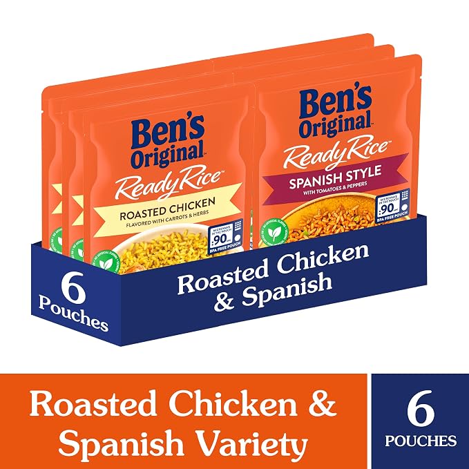 BEN'S ORIGINAL Ready Rice Roasted Chicken and Spanish Style Flavored Rice Variety Pack,Easy Dinner Sides,8.8 OZ Pouch,(Pack of 12)