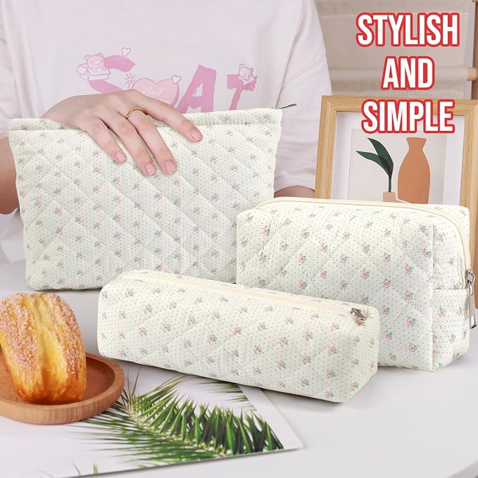 3 Pcs Makeup Bag Cosmetic Bag Set for Girls Women Checkered Travel Organizer Bathroom Toiletry Pouch Large Capacity Storage Bag(Small Flower Blue)