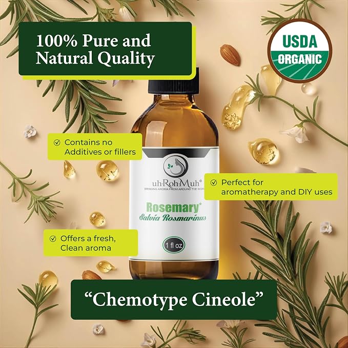 Organic Rosemary Essential Oil Chemotype Cineole | 100% Pure Steam Distilled Rosemary Oil | Fresh Herbaceous Aroma for Diffuser Aromatherapy, Massage Blends & DIY Recipes | Spain - 1 Fl Oz