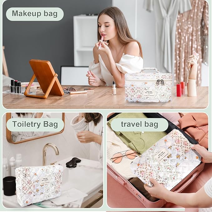 GISMTR 3Pcs Cotton Quilted Makeup Bag Large Travel Cosmetic Bag Coquette Makeup Pouch Cute Aesthetic Floral Toiletry Bag for Women Girls (flower-U)