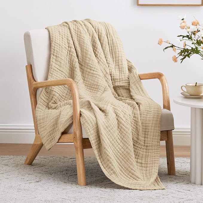 Love's cabin 100% Cotton Muslin Blanket, 6 Layer Lightweight Breathable Gauze Throw Blanket 50 x 60 Inches, Soft All Season Blanket for Couch, Bed, Sofa, Khaki