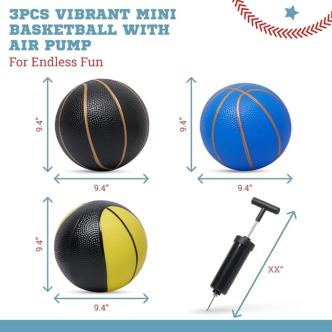 Botabee Mini Basketball - Set of 3 - Toy Basketballs with Manual Pump - Plastic Balls for Toddlers & Kids - Blue with Gold Lines, Black with Gold Lines and Black/Yellow Pattern for Indoor/Outdoor Play