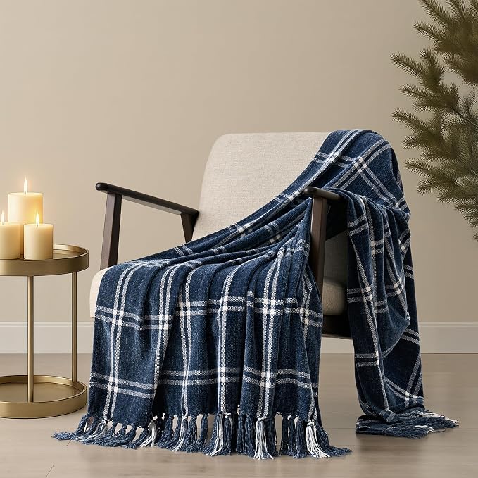 Plaid Chenille Knit Throw Blanket, 50"x60", Navy & White | Soft Knitted Throw with Tassels, Cozy, Lightweight, Windowpane Grid Plaid, Decorative Farmhouse Throw for Couch Bed Sofa Gift