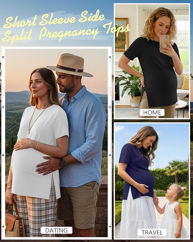 Ficerd 3 Pack Women's Maternity T Shirts, Short Sleeve Side Split Pregnancy Tops Casual Crew Neck Pregnant Tees Mama Clothes