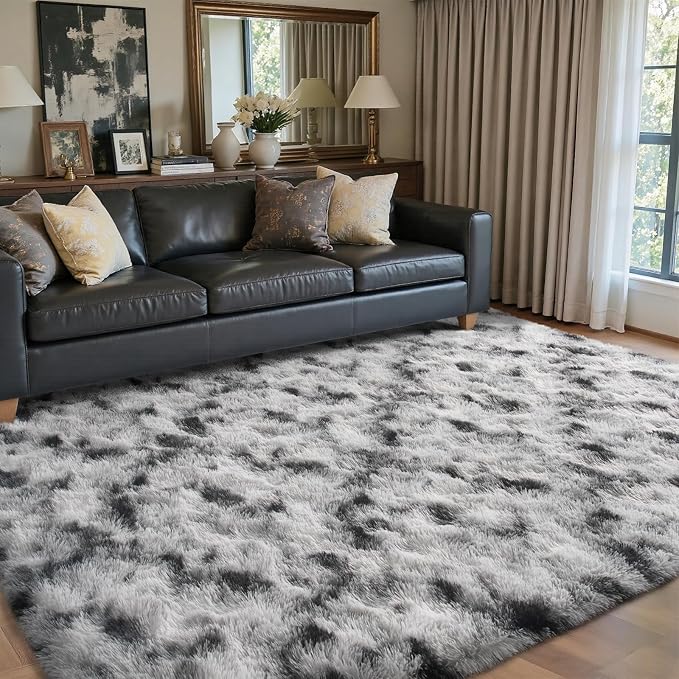 5x7 Ft Large Shag Rug for Living Room Bedroom,Tie-Dyed Ultra Soft Fluffy Furry Area Rug Kids Nursery Office, Aesthetic Carpet for Indoor Floor Home Decor (Black White)