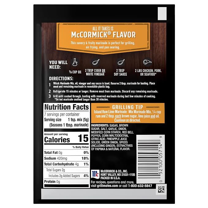 McCormick Grill Mates Marinade Mix, Hawaiian Style BBQ, Tropical Hawaiian-Inspired, 15 Minute Marinade for Chicken, Pork, and Seafood, 1.25 oz (Pack of 12)