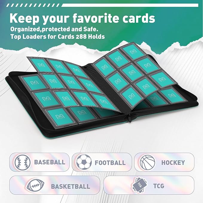 Toploader Binder,Trading Card Binder Storage Hold up 288 Cards 9-Pocket Top Loader Binder with Sleeves for 3"x4" Rigid Toploaders Hard Cases (9Cyan5)