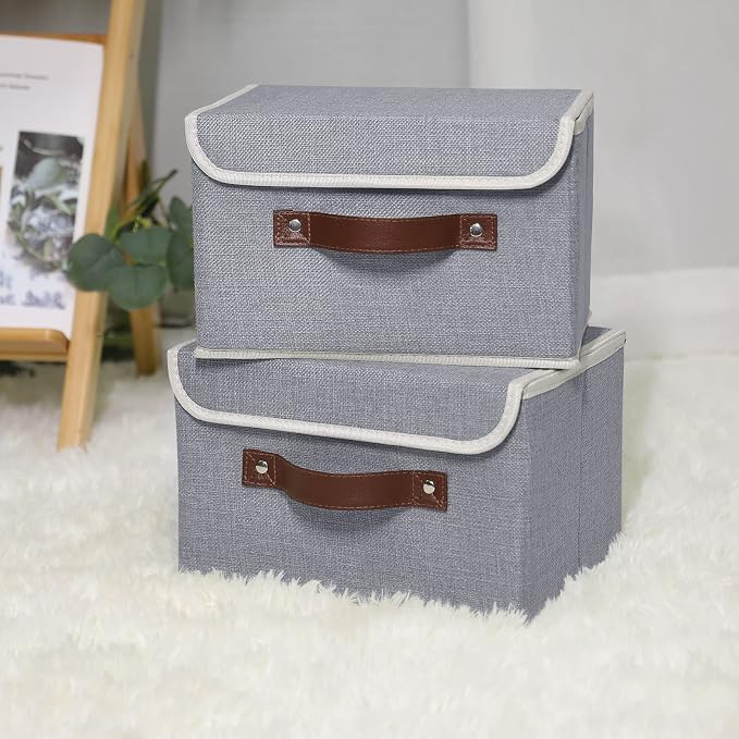 ANMINY Fabric Storage Box Bins with Lids, Gray, 10"x8"x7", 4 Pack | Keepsake Memory Storage, Cotton Linen, PP Board Reinforced, Washable, PU Handles, Foldable & Stackable, Decorative, Small