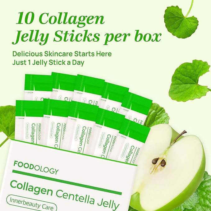 FOODOLOGY Coleology Centella Jelly Collagen Petide, Gree Apple, 10 Sticks | PDRN, Biotin & Hyaluronic Acid, Vitamin for Skin Glow, Hair & Nail Support, Korean Jelly Collagen Sticks