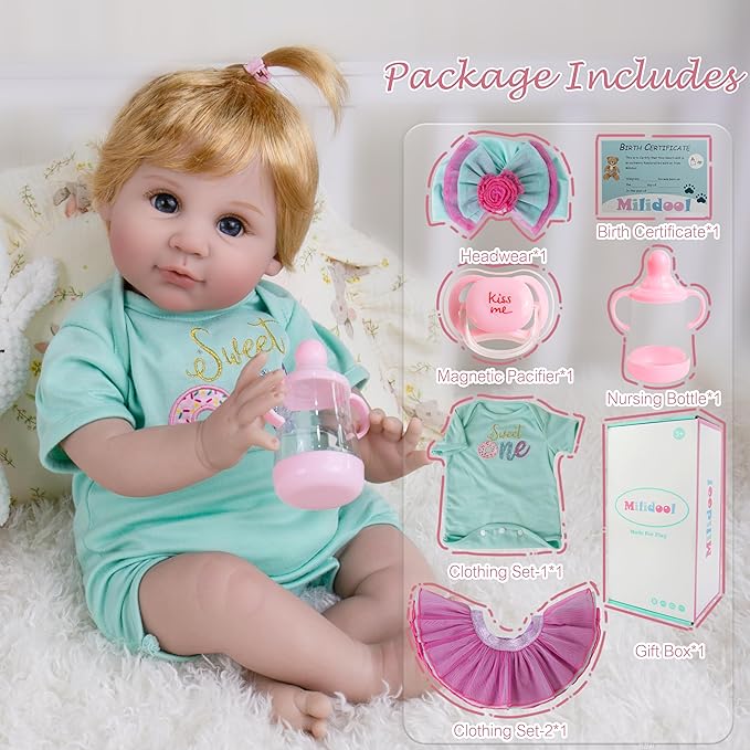 Milidool Reborn Baby Dolls, 22 inch Weighted Realistic Newborn Baby Girl Lifelike Newborn Girl Doll with Feeding Toy Accessories Set, Great Gift Set for Grandma Kids 3+