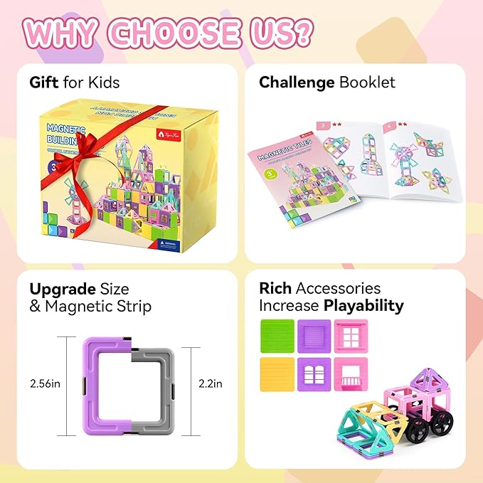 102 PCS Magnetic Tiles Set, Magnet Building Blocks Set with Car for Kids Ages 3+, STEM Educational Montessori Learning Construction Toys for 3 4 5 6 7 8 + Year Old Toddlers Boys Girls Birthday Gifts
