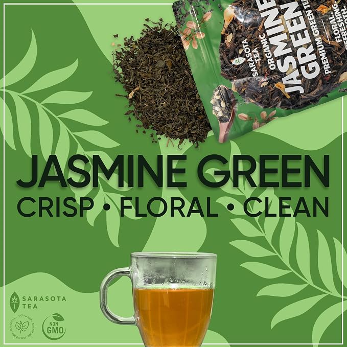 Organic Jasmine Green Loose Leaf Tea | Fragrant Chinese Green Tea Scented with Jasmine Blossoms | USDA Organic | 8oz Bulk Bag | Floral & Smooth | Hot or Iced | Non-GMO