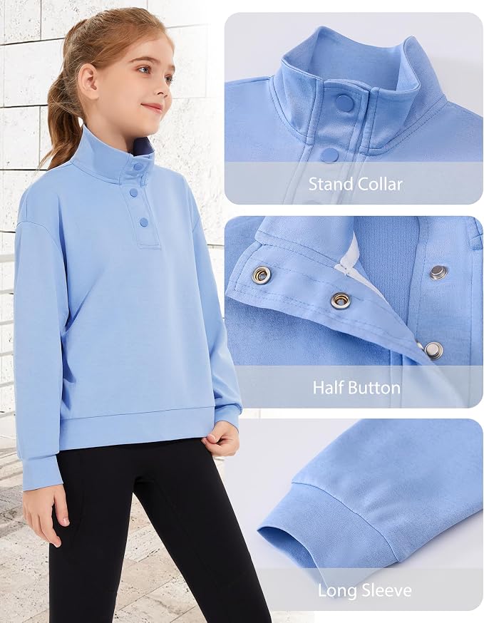 Girls Long Sleeve Collared Shirt Button Down Mock Neck Sweatshirt Athletic Cycling Clothing for Kids 5-14Years