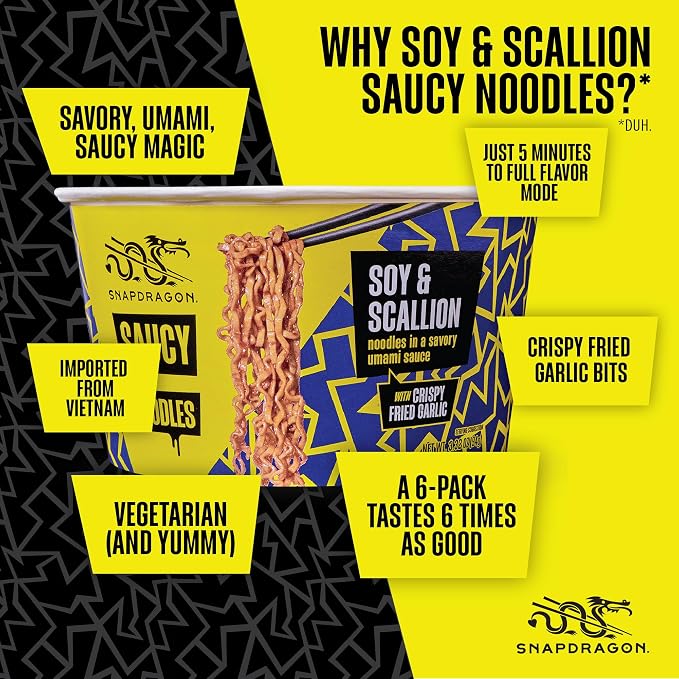 Snapdragon Saucy Instant Noodles with Soy Scallion Sauce - Quick Meal, Snack, and Lunch. 6-Pack Microwave Noodles for Cup, Bowl, Ramen or Asian Stir Fry