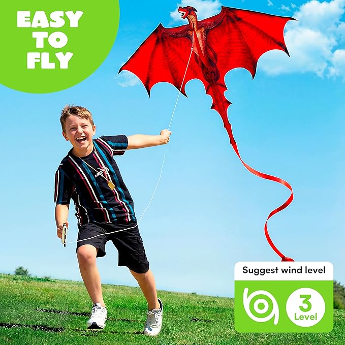 JOYIN Dragon Kites for Kids and Adults, Easy to Fly Large Single Line Kite for Kids - 55" x 46" Red Kites with 328ft String for Beginners,Dragon Red Beach Kite for Outdoor Games and Activities