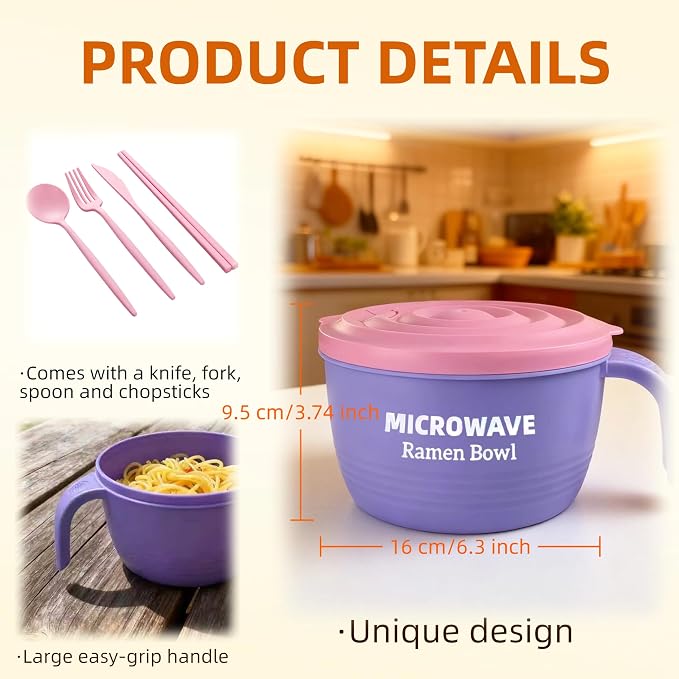 Layron Ramen Cooker Bowl - 45 oz Microwaveable Noodle Bowl Ramen in few Minutes- BPA Free and Dishwasher Safe Set with Chopsticks Perfect for Dorm, Small Kitchen, or Officee (purple)