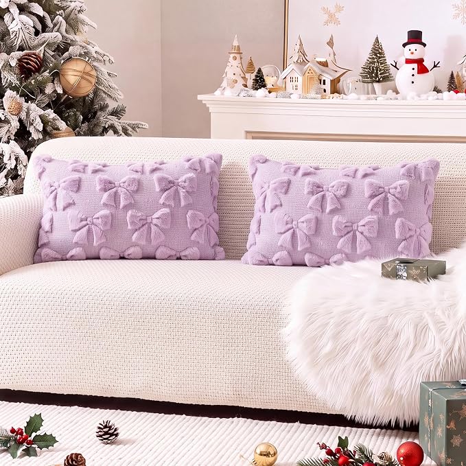 Mixweer Purple Bow Pillow Covers Set of 2 Preppy Room Decor Coquette Cute Spring Summer Decorative Faux Fur Soft Bowknot Stuff Fluffy Plush Aesthetic Pillowcase for Bed Sofa Couch (12 x 20 Inch)
