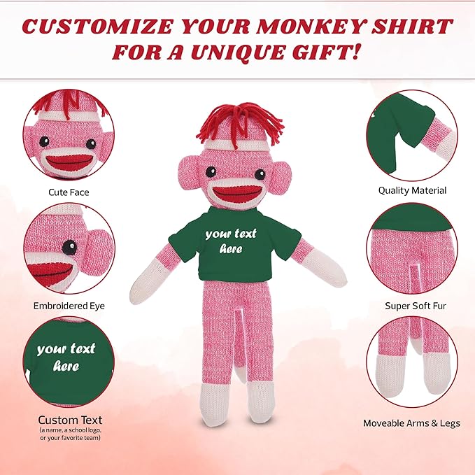 Personalized Huggable Pink Sock Monkey 8 Inch Plush Stuffed Animal Gift - Custom Text on Shirt - Perfect for Halloween Day Valentine's Day Graduation Day Birthday Present (Forest)