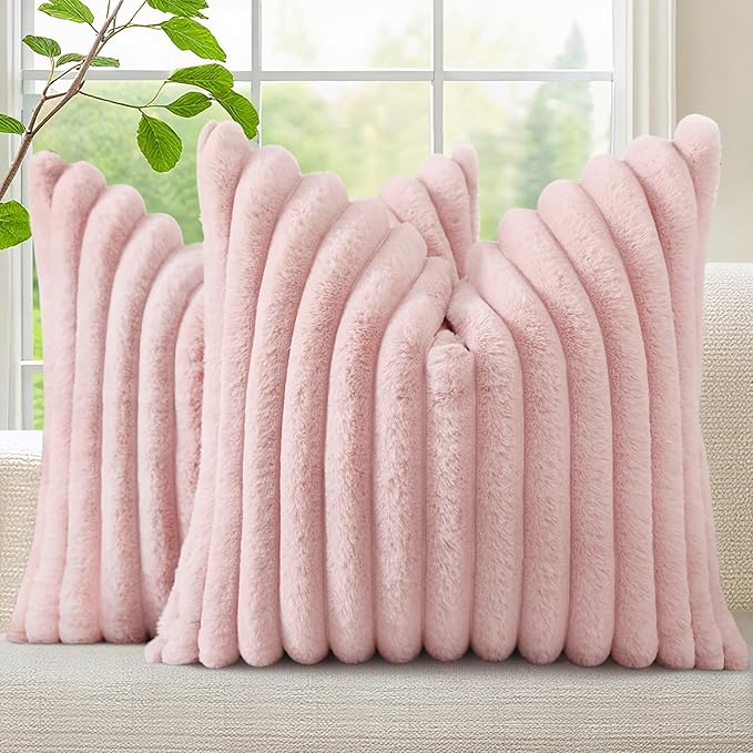 decorUhome Fall Faux Fur Throw Pillow Covers 20x20 Set of 2 Pink | Decorative Soft Cozy Striped Plush Modern Farmhouse Boho Couch Pillow Cases Velvet Back for Sofa Bed Living Room Home Decor