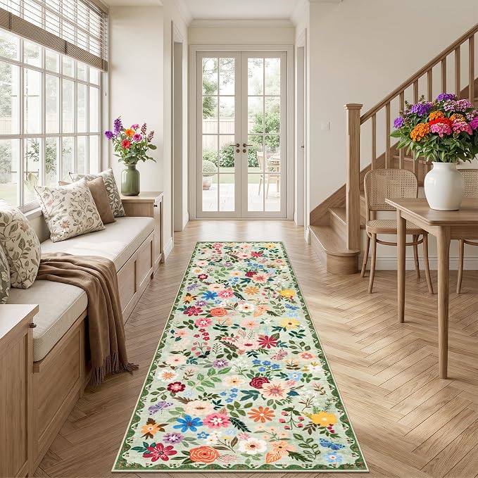 Runner Rug for Entryway: 2.6x10 Kitchen Rugs Non Slip Washable Ultra-Thin Soft Floral Carpet Indoor Floor Stain Resistant Carpets for Hallway Bedroom Kitchen Laundry Bathroom Dorm Green